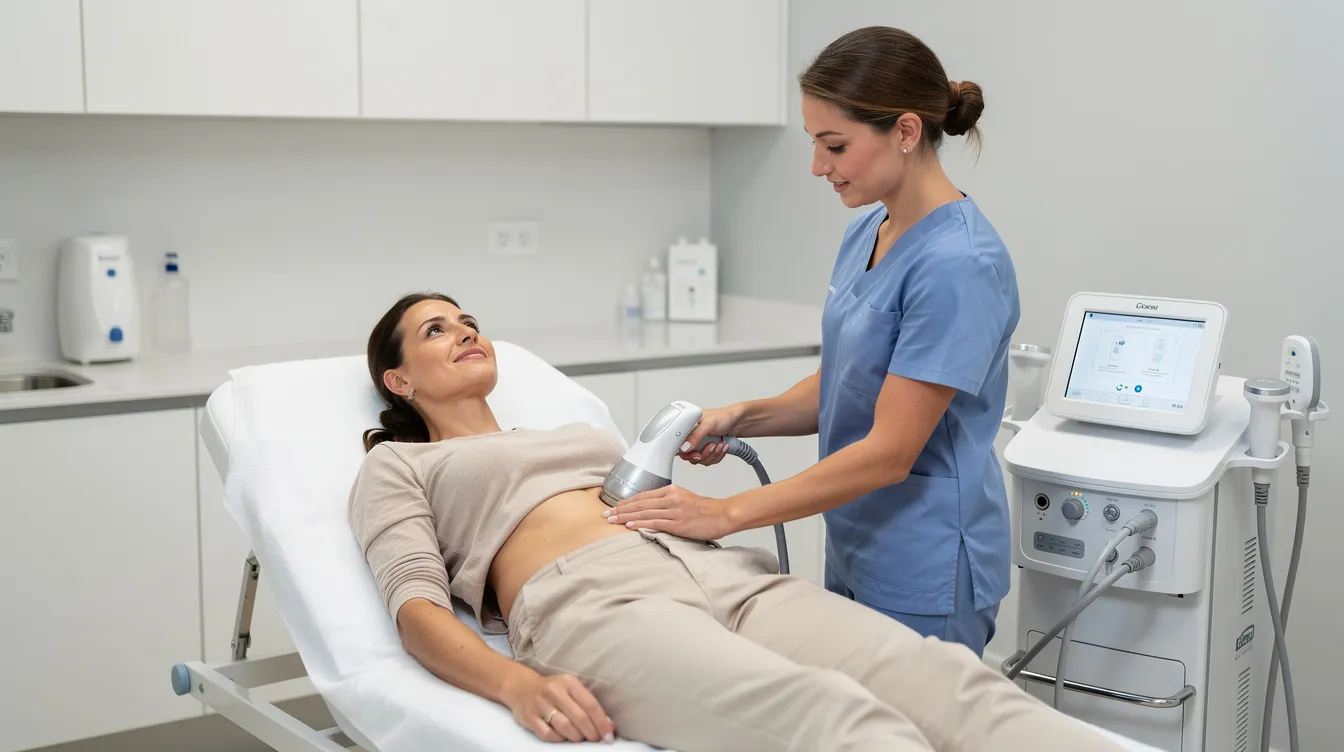 The image shows a person lying comfortably on a clinical treatment bed as a medical professional carefully positions an applicator device on their abdomen, aimed at reducing stubborn fat and enhancing muscle tone through a non-invasive procedure like Emsculpt Neo. This treatment focuses on body contouring by targeting fat cells while promoting muscle growth with powerful muscle contractions.