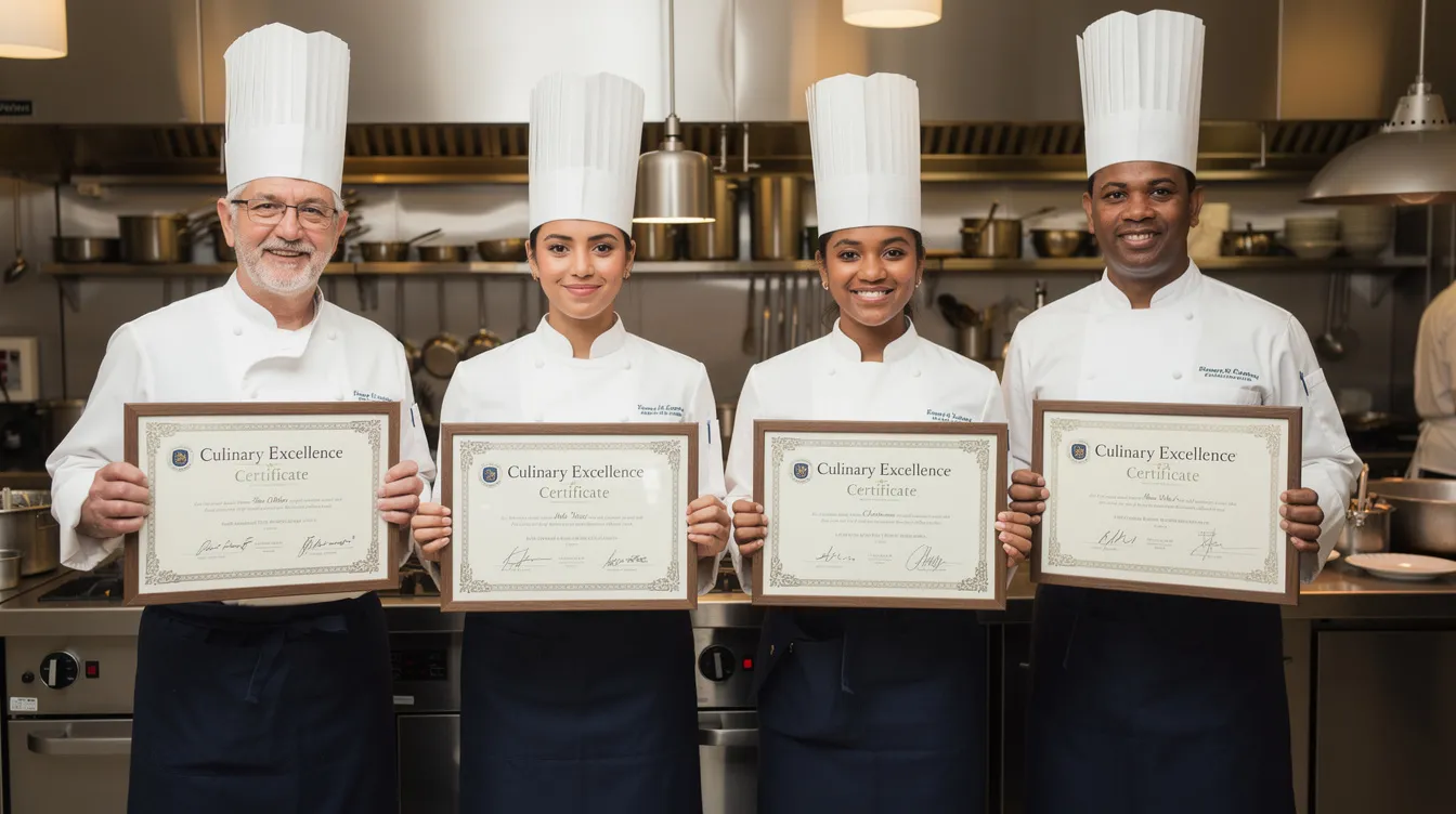 A group of proud chefs stands together, each holding their newly awarded culinary arts diplomas, celebrating their successful completion of a culinary arts program. The certificates symbolize their dedication and achievement in pursuing culinary careers and mastering essential skills in the culinary field.