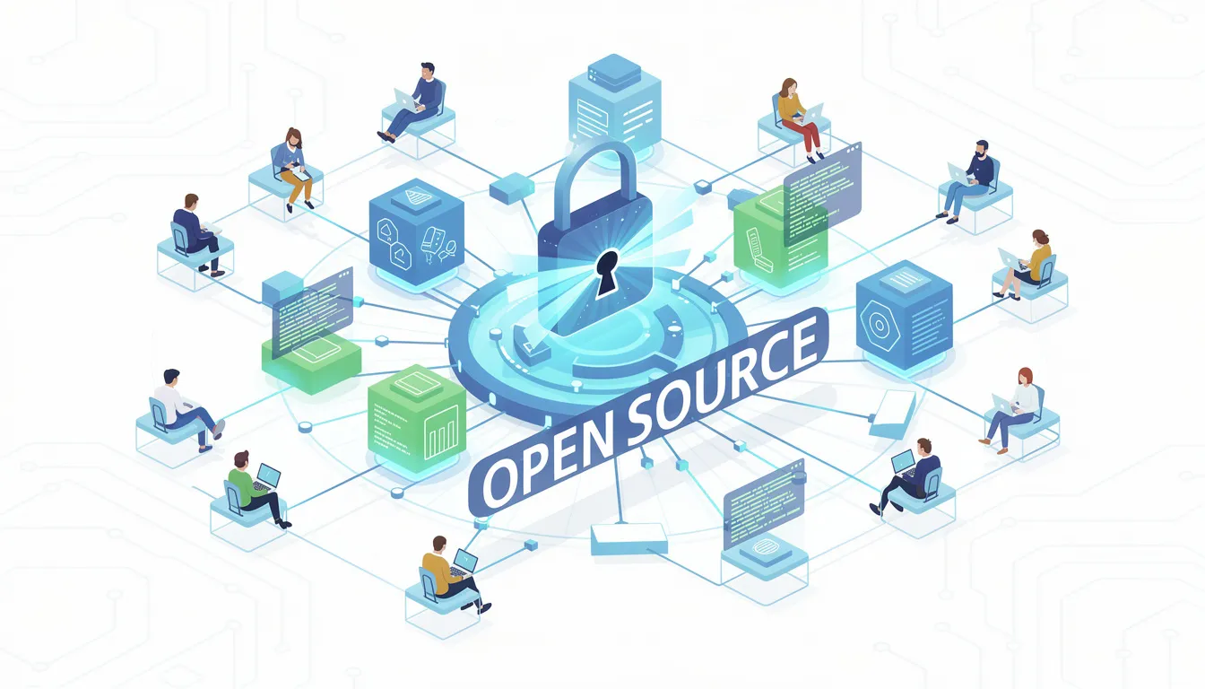 Das Bild zeigt eine Darstellung von Open-Source-Software, die verschiedene Aspekte der Code-Sicherheit beleuchtet, einschließlich Sicherheitsanfälligkeiten und Software-Patches. In der Mitte sind Symbole für KI-Tools und Sicherheitsanalysen zu sehen, die die Bedeutung von menschlicher Überprüfung und Teamarbeit in der Softwareentwicklung hervorheben.