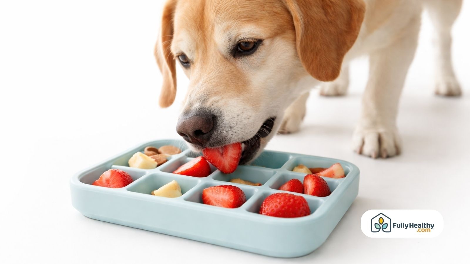 Dog eating strawberries and fruit from blue feeding tray on white background