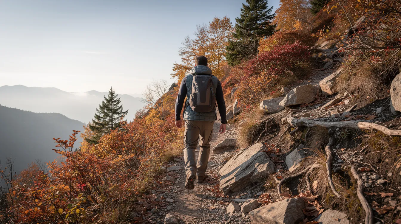 A hiker is wearing a Montbell Superior down vest, designed for cold weather, as they ascend a rocky mountain trail adorned with autumn leaves. The insulated vest provides warmth and comfort, making it suitable for outdoor activities in wet conditions.