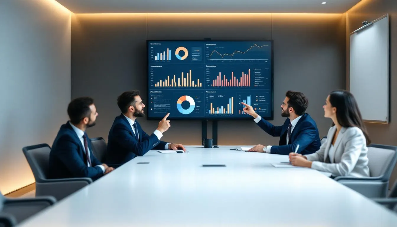 In a hotel conference room, business professionals are engaged in a discussion, analyzing performance charts that detail the hotel's financial health, including metrics like gross operating profit (GOP), operating expenses, and total revenue. They focus on strategies to improve goppar and enhance operational efficiency within the hospitality industry.
