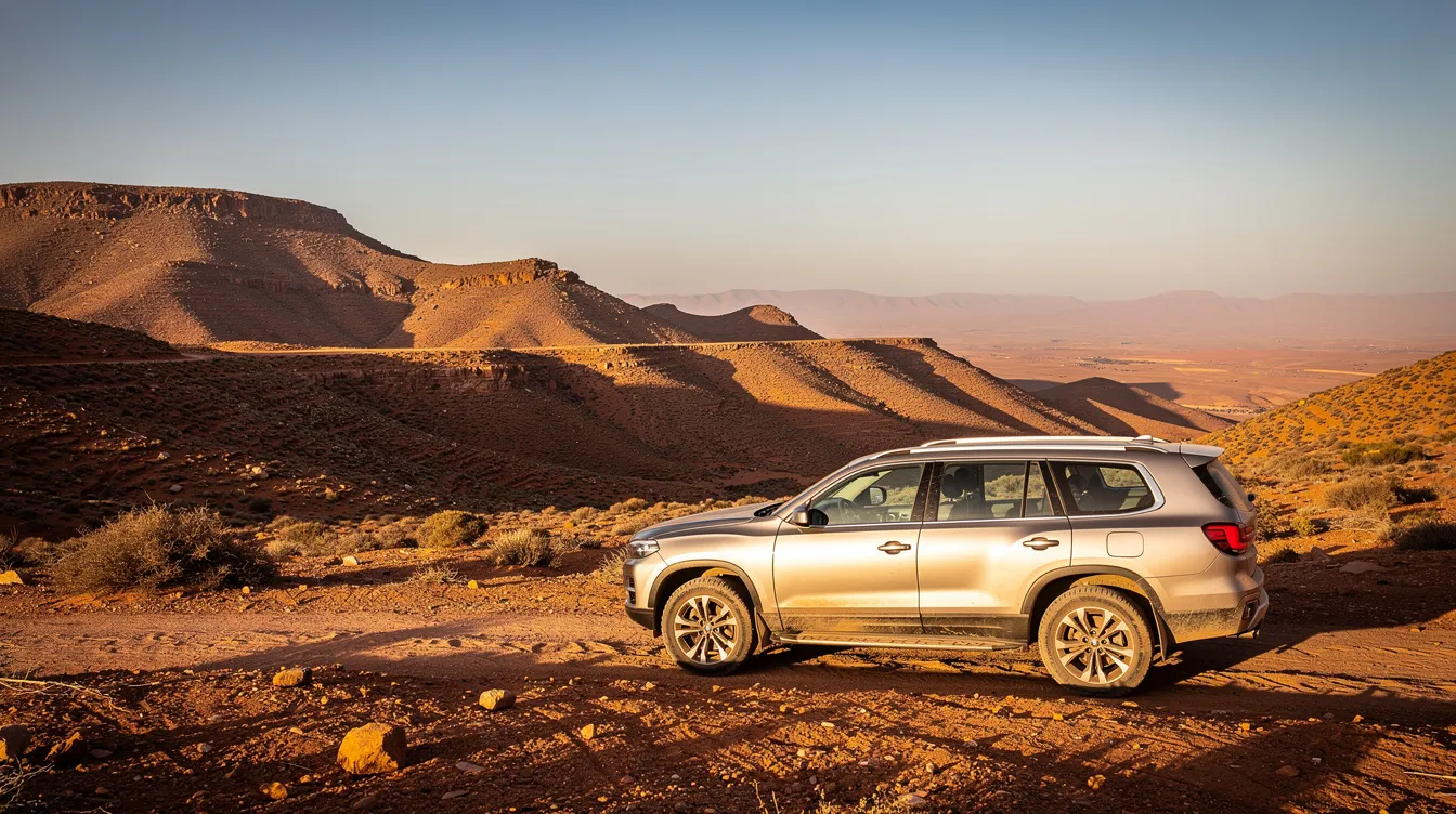 Un SUV est garé dans un paysage désertique marocain, entouré de collines arides qui s'étendent à l'horizon. Cette scène évoque la liberté d'un road trip à travers le Maroc, idéale pour ceux qui envisagent une location de voiture à Marrakech pour explorer les alentours.