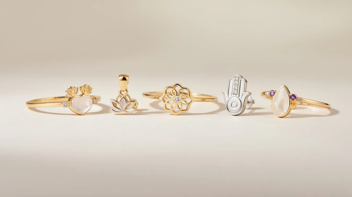 The image showcases a collection of polished rings, pendants, and earrings made from rainbow moonstone, emphasizing their elegant design and spiritual benefits. Each piece is believed to enhance emotional balance and intuition, making them perfect for those seeking healing power and support during new beginnings.