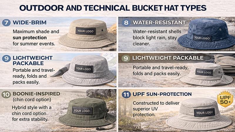 Outdoor and technical bucket hat types infographic showing wide-brim, water-resistant, lightweight packable, boonie-inspired, and UPF bucket hats.