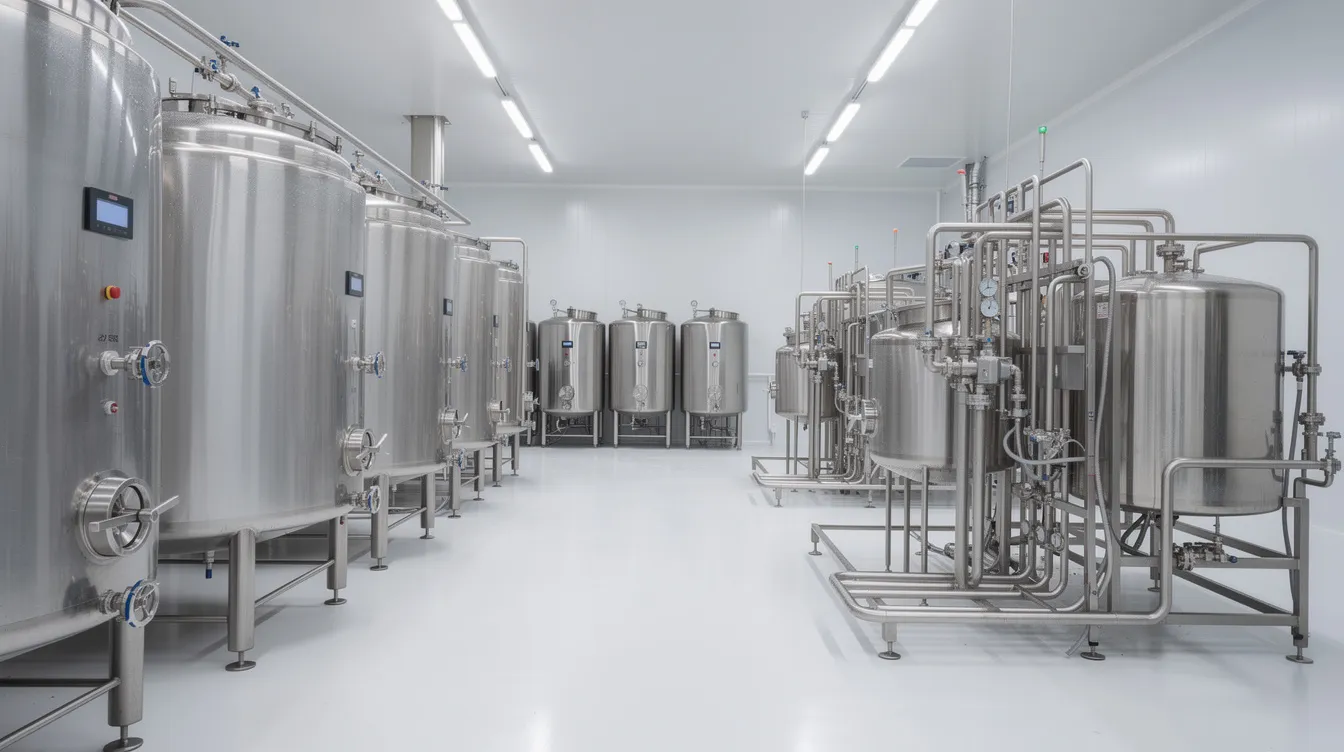 The image depicts a modern stainless steel dairy processing facility, showcasing large milk tanks and intricate piping systems essential for efficient dairy operations. This advanced dairy processing plant emphasizes the importance of quality control and safety standards in milk production, supporting local dairy farmers and raw milk suppliers in the dairy industry.