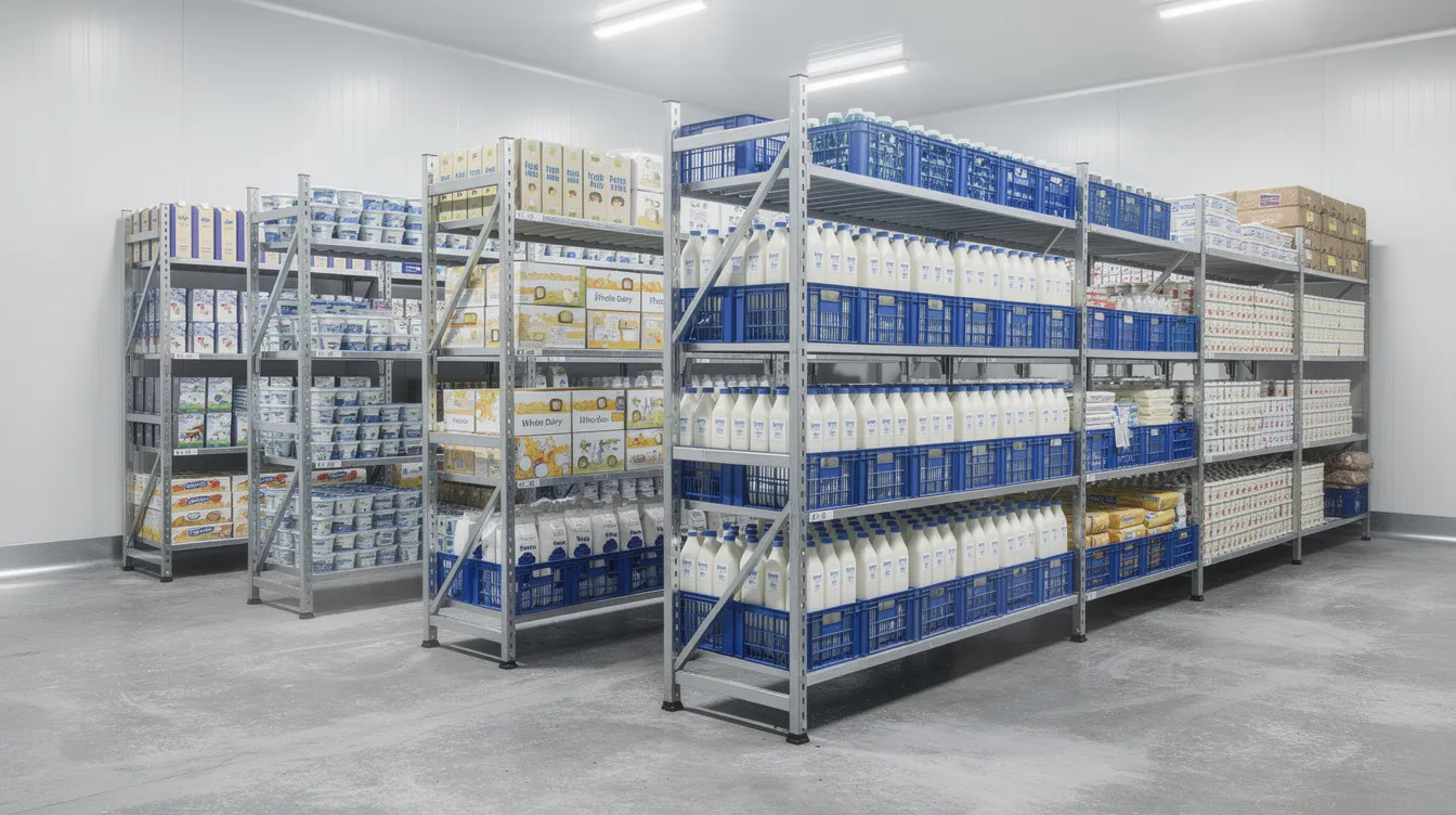 92e82179 1778 4601 bf55 48d56df03886 The image depicts the interior of an industrial cold room designed for dairy products, featuring neatly stacked plastic crates of packaged items on metal shelving racks. This cold storage facility plays a crucial role in the dairy supply chain, ensuring the preservation and freshness of perishable foods like milk, cheese, and yogurt through controlled temperature and effective refrigeration systems.