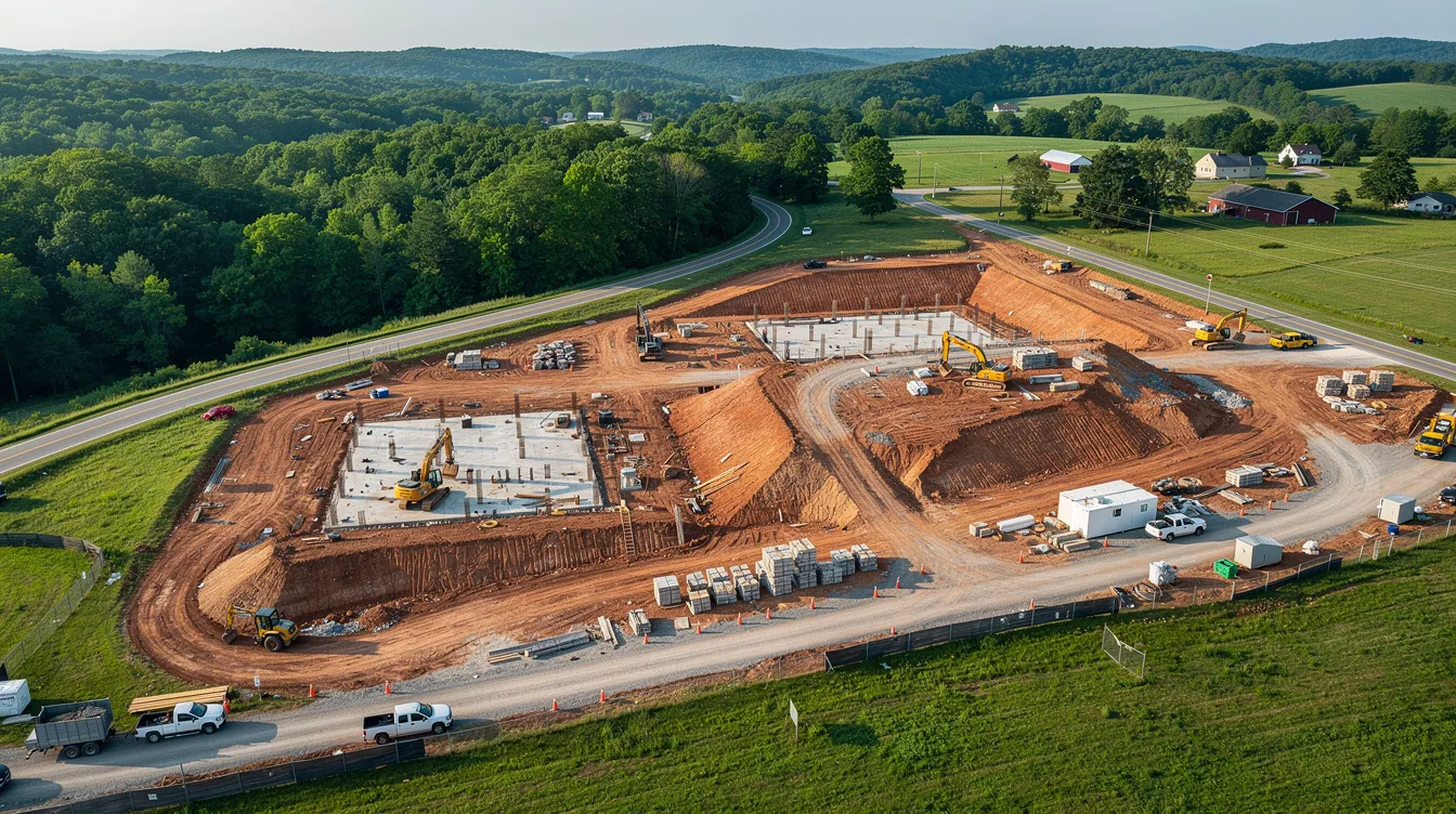 An aerial view captures a large public construction project in progress amidst the lush greenery of Tennessee, showcasing various construction phases and equipment on site. This image reflects the complexities of the bidding process and contract administration involved in public construction projects, highlighting the coordination required by contractors and government entities.