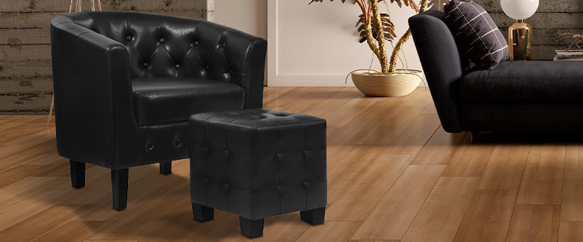An Artiss Black Tub Accent Lounge Chair Set, placed in a neutral coloured living room.