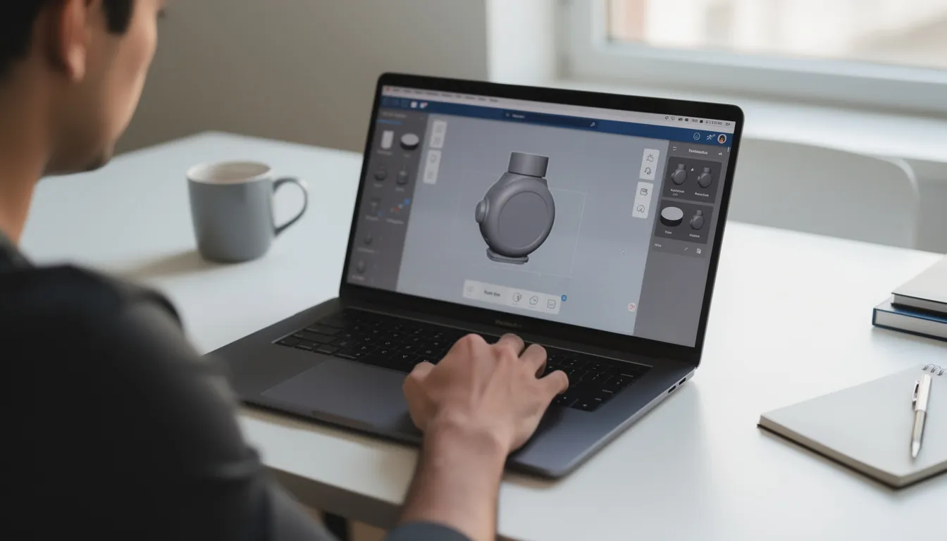 A person is sitting at a desk, focused on a laptop screen displaying a colorful preview of a customized product design, such as a t-shirt or accessory, as part of the customization process for promotional products. The scene illustrates the integration of technology in creating branded merchandise tailored to meet the needs of small businesses and their potential customers.