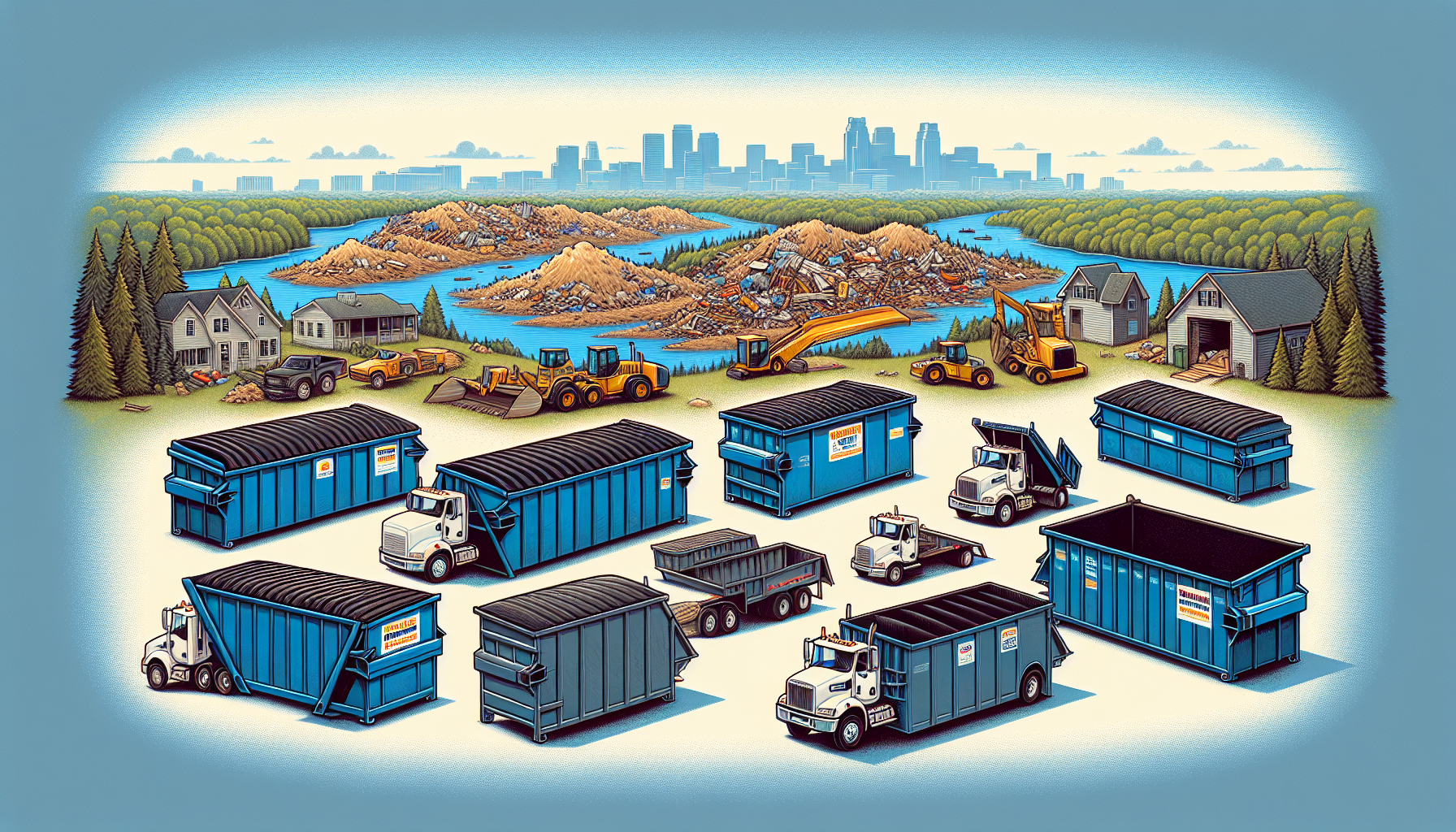 Illustration of different sizes of roll off dumpsters