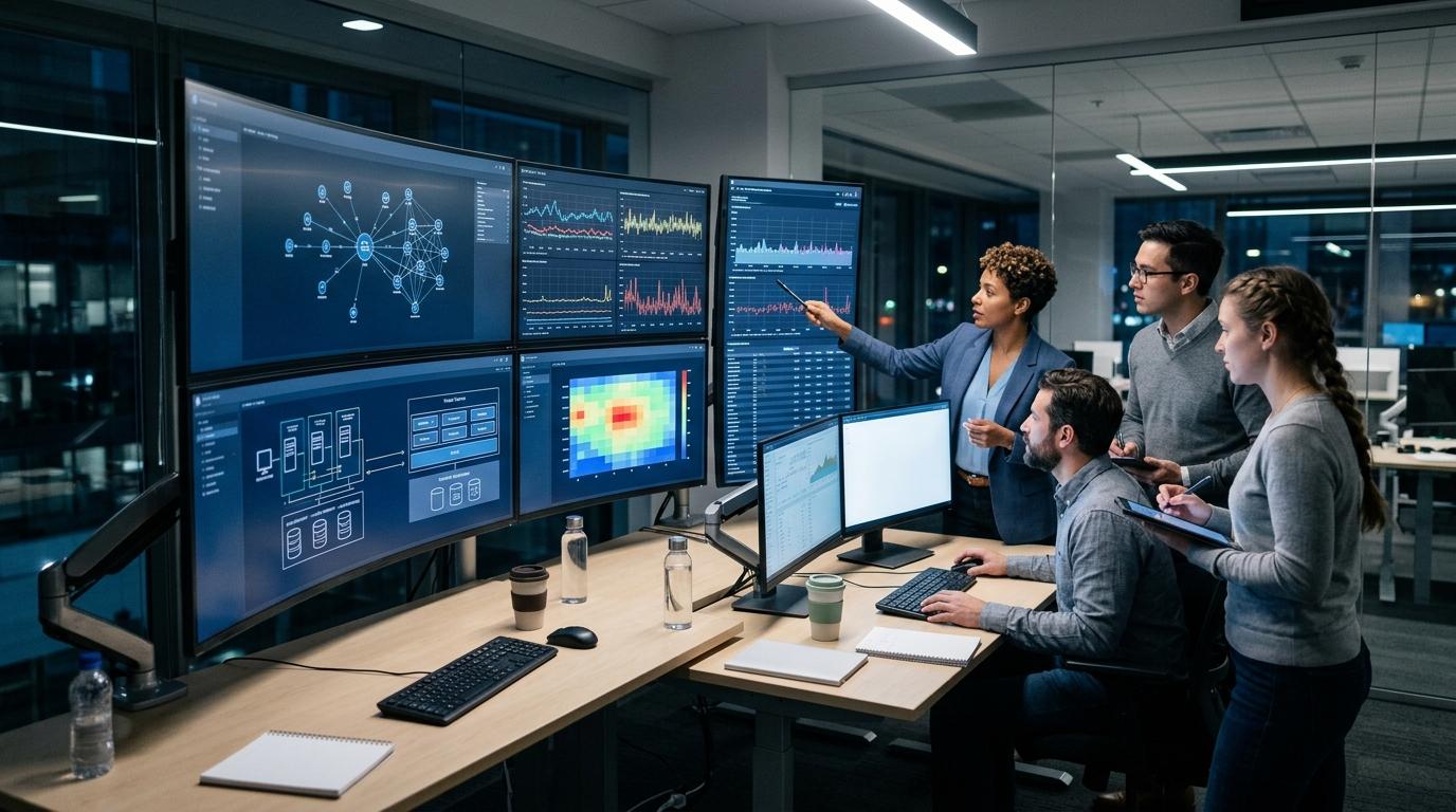 IT professionals evaluating multiple cloud-based hands-on lab platforms using large monitors displaying cloud infrastructure, virtual environments, and performance metrics.