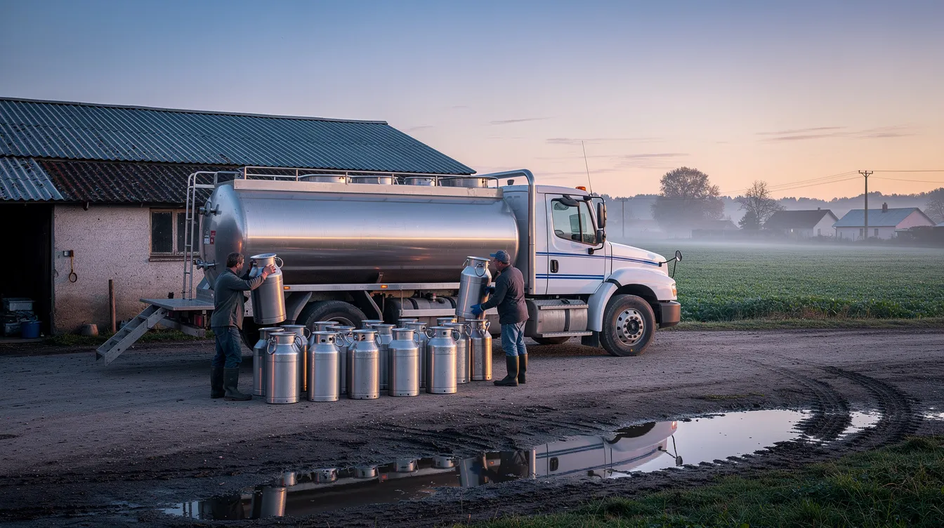 At dawn, a rural milk collection point is bustling as stainless steel cans filled with raw milk are being loaded onto an insulated tanker truck, highlighting the essential logistics of the dairy sector and the milk processing plant operations. This scene reflects the critical role of dairy farmers in the Indian dairy industry and the growing demand for quality milk products.