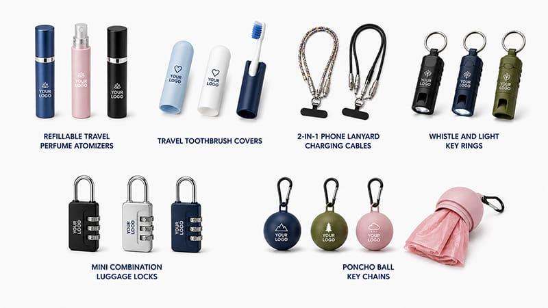 Compact travel accessories ranging from perfume atomizers and toothbrush covers to charging lanyards, luggage locks, light keyrings, and poncho keychains