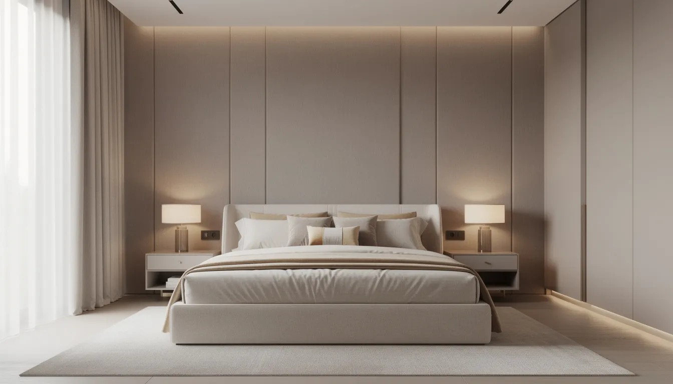 Luxe behang: stijlvolle muurbekleding voor elke woonruimte Een luxe slaapkamer met een statementwand in zachte taupetinten achter het bed, die een elegante en warme sfeer creëert. Het mooie behang in deze ruimte past perfect bij de persoonlijke stijl en het interieur, waardoor het een tijdloze uitstraling heeft.