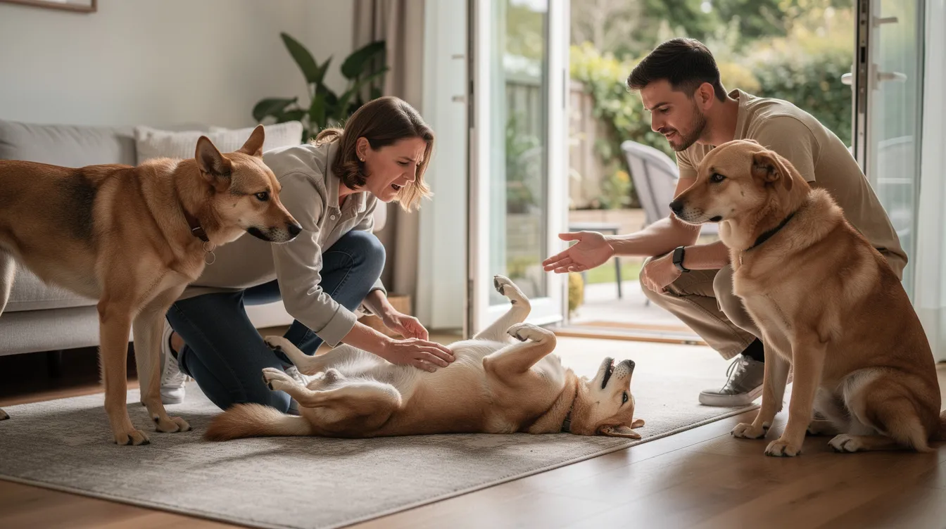 The image depicts a relaxed and happy dog with a wagging tail, showcasing positive canine body language. Its floppy ears and soft eyes suggest comfort, while the dog's body posture indicates openness and friendliness, making it clear that it is in a calm emotional state.