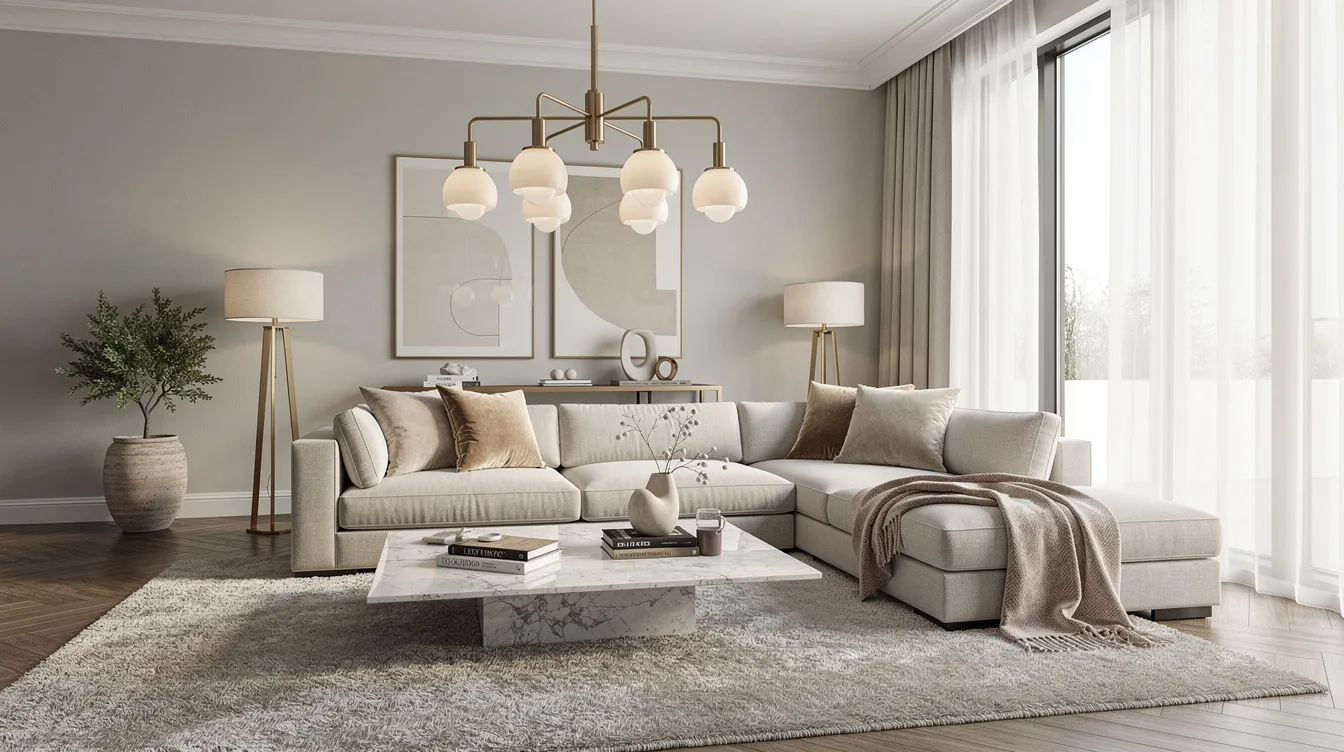 The image showcases a beautifully staged luxury living room featuring neutral tones and layered textures, illuminated by statement lighting and large windows that fill the space with natural light. This elegant interior design creates an inviting atmosphere, perfect for potential buyers looking to appreciate the property’s potential in the luxury real estate market.