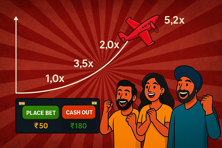 Aviator game mechanics visualization showing airplane flight path, multiplier curve, and betting interface for Indian players