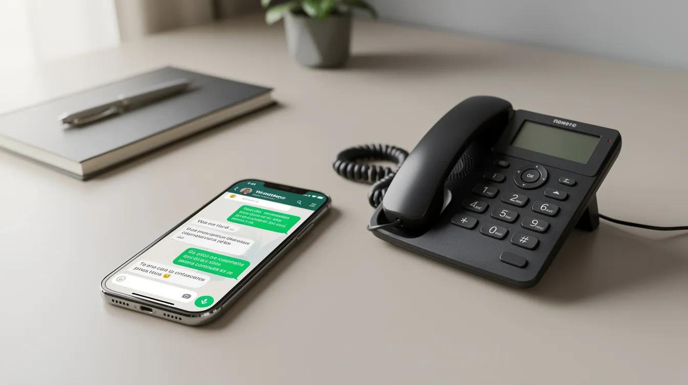 La imagen muestra un smartphone con una conversación activa de WhatsApp, junto a un teléfono de oficina, todo sobre un escritorio organizado. Este entorno refleja la interacción entre un cliente y un servicio de atención al cliente, donde la tecnología y la inteligencia artificial pueden facilitar la comunicación y resolver consultas en tiempo real.