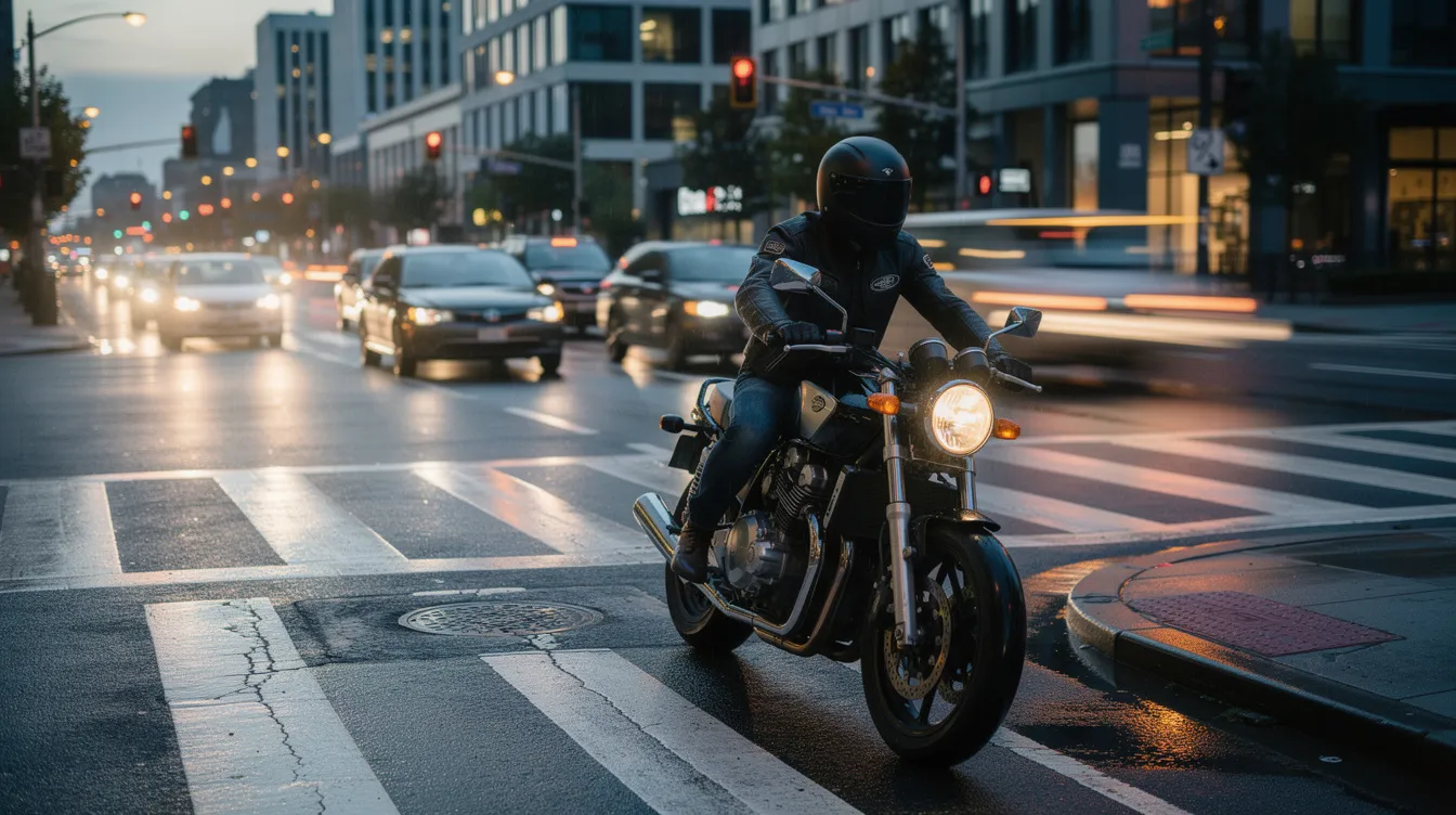 A motorcyclist is patiently waiting at an intersection, observing as cars navigate through oncoming traffic. This scene highlights the potential risk of a left turn accident, where a turning driver may fail to yield the right of way, emphasizing the importance of road safety and awareness.