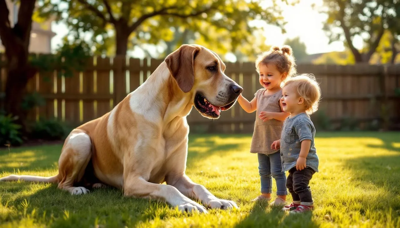 In a sunny backyard, a gentle Great Dane, known for its calm demeanor, plays carefully with small children, showcasing its affectionate nature as it interacts with them joyfully. The scene captures the essence of a gentle giant, making it a perfect match for families looking for great family pets.