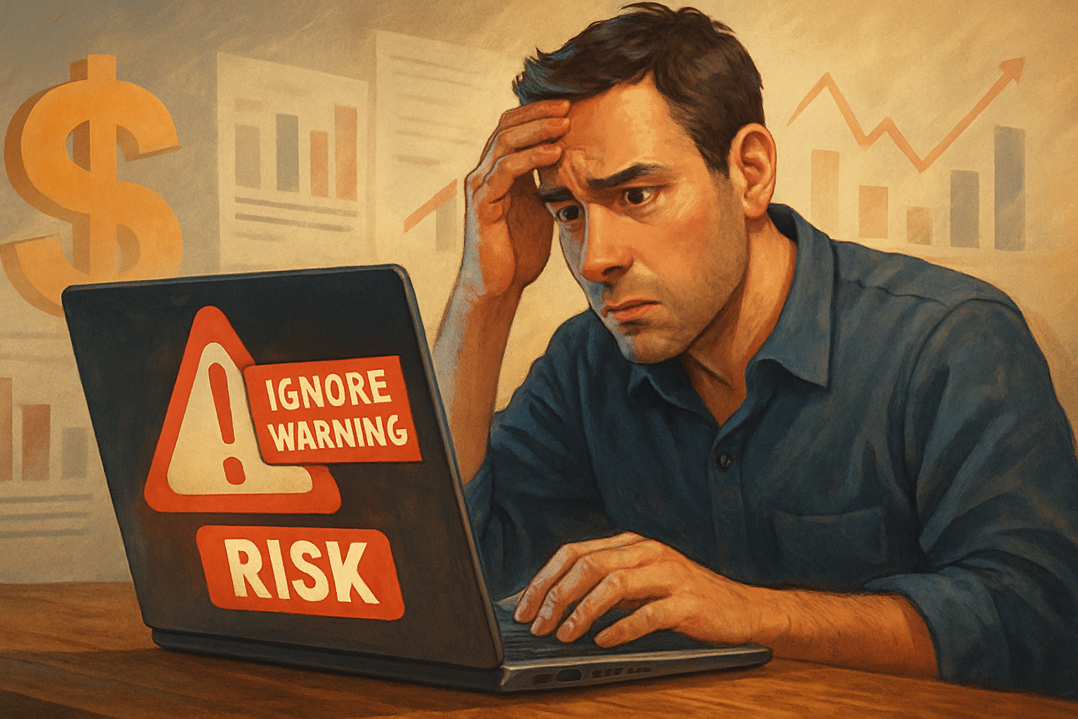 A semi-realistic digital illustration depicts a man staring at his laptop with visible concern as red alerts labeled 'Ignore Warning' and 'Risk' flash on the screen, symbolizing the consequences of ignoring scam alerts in online betting platforms like InsightsBet.