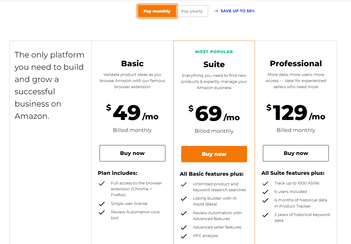 Jungle Scout Monthly Pricing - Basic plan, Suite and Professional