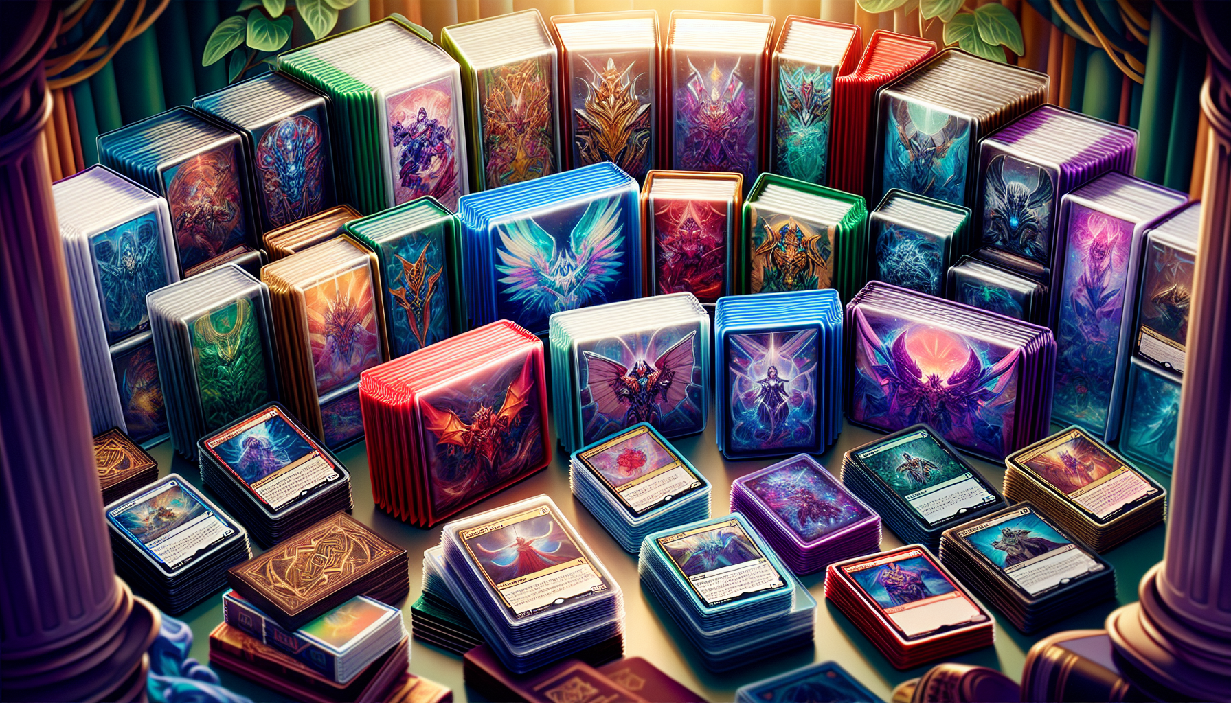 An illustration showing various card sleeves for Magic the Gathering cards, emphasizing their importance.