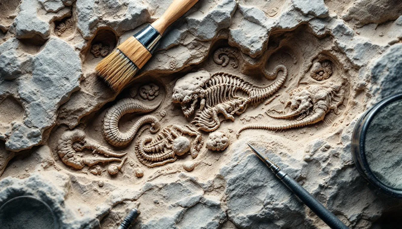 The image shows a close-up view of ancient fossils embedded in limestone rock formations, accompanied by tools used for their extraction. This fascinating glimpse into the geological history of the region may be part of a larger exploration, such as a desert tour from Fes to Merzouga, where visitors can also experience the rich Berber culture and stunning landscapes of North Africa.