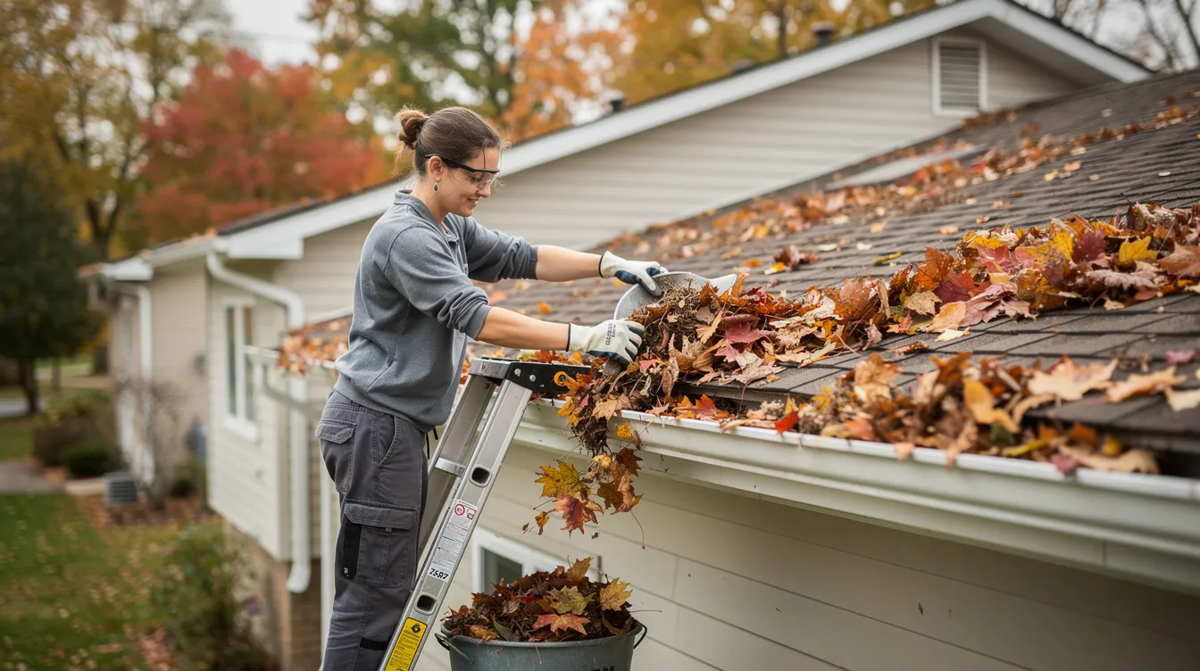 A person is cleaning autumn leaves from a residential gutter, ensuring that water runoff flows freely into the downspouts. This maintenance is essential for effective rainwater harvesting, allowing collected rainwater to be stored in rain barrels for future use in lawn and garden irrigation.