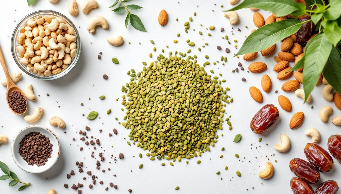 A variety of wholesome ingredients for making hemp power bites, including hemp seeds and nuts.