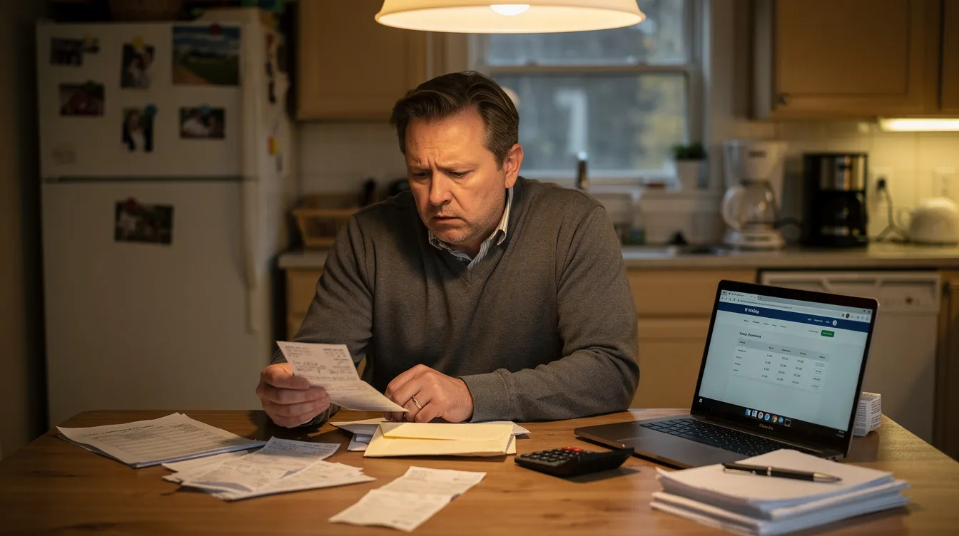 A person sits at a kitchen table surrounded by household bills and paperwork, carefully reviewing their financial situation amidst rising energy costs and living expenses. This scene reflects the challenges many low-income households face while managing essential costs and navigating available support options like the household support fund and living payments.