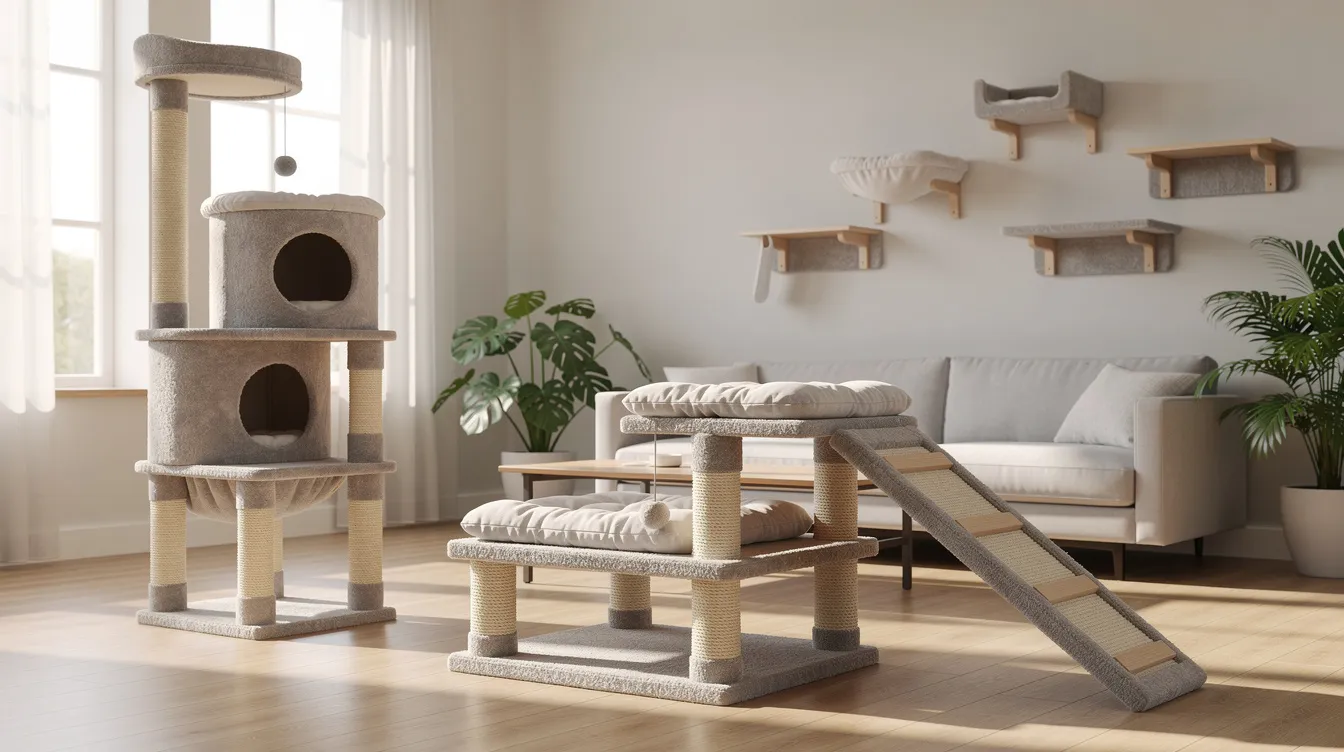 The image features a bright living room showcasing several stylish cat trees, including a tall cat tower, a low wide platform, and wall-mounted shelves, providing ample vertical space for multiple cats to explore and play. The sturdy cat furniture is designed for daily use, offering comfortable lounging spots and scratching posts for kitties to enjoy.