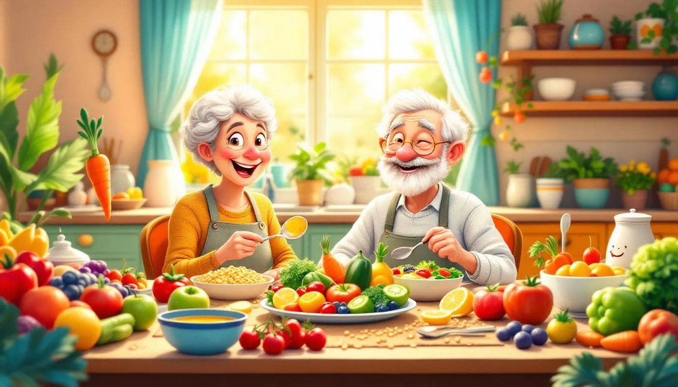 An older couple enjoying a healthy meal together, debunking the myth that all older people have health issues.