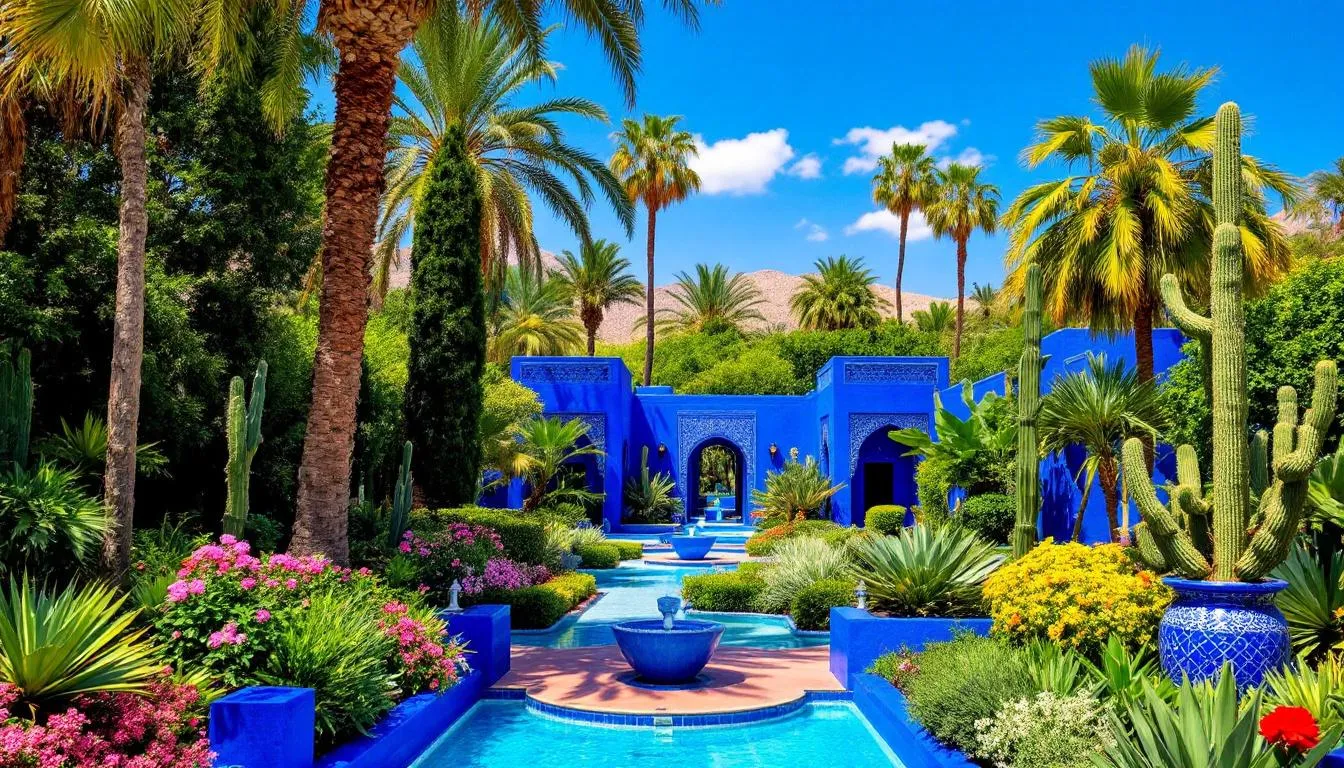 The image depicts the enchanting Majorelle Garden in Marrakech, Morocco, featuring vibrant blue buildings surrounded by a lush array of exotic plants and tall palm trees. This tranquil oasis serves as a perfect spot for tourists to relax and explore the cultural attractions of Marrakech while enjoying the beauty of nature.
