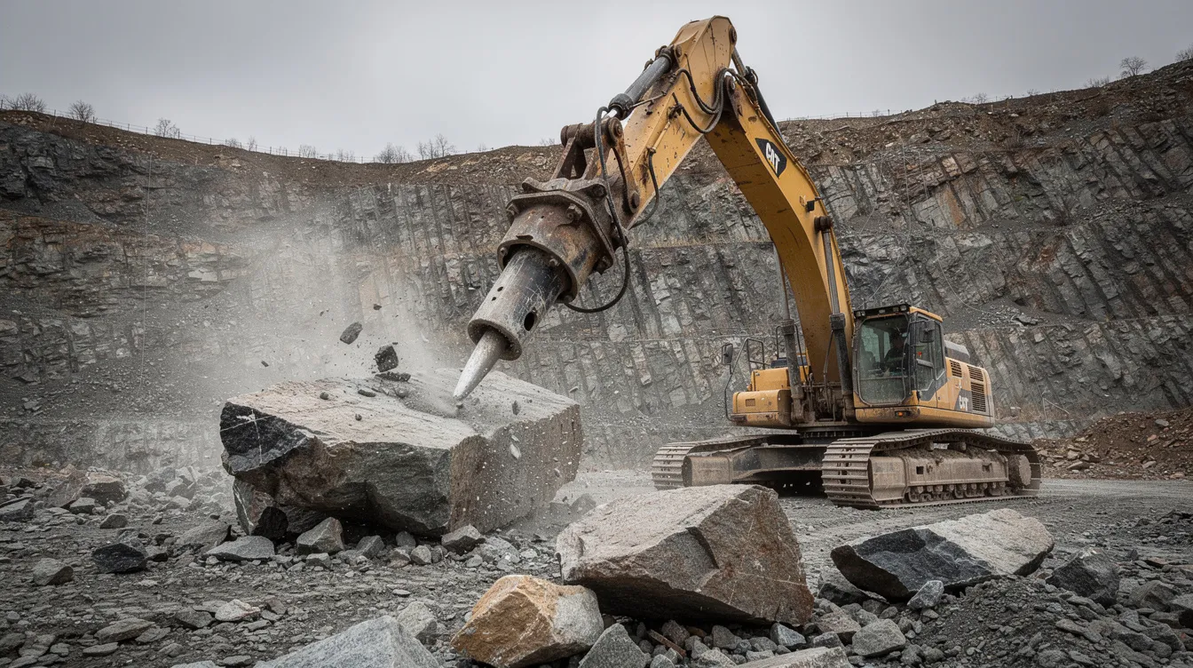 An excavator equipped with a hydraulic breaker attachment is actively working in a rocky quarry, efficiently breaking hard rock and concrete. The machine showcases its proven durability and power, making it suitable for heavy-duty demolition and construction tasks.