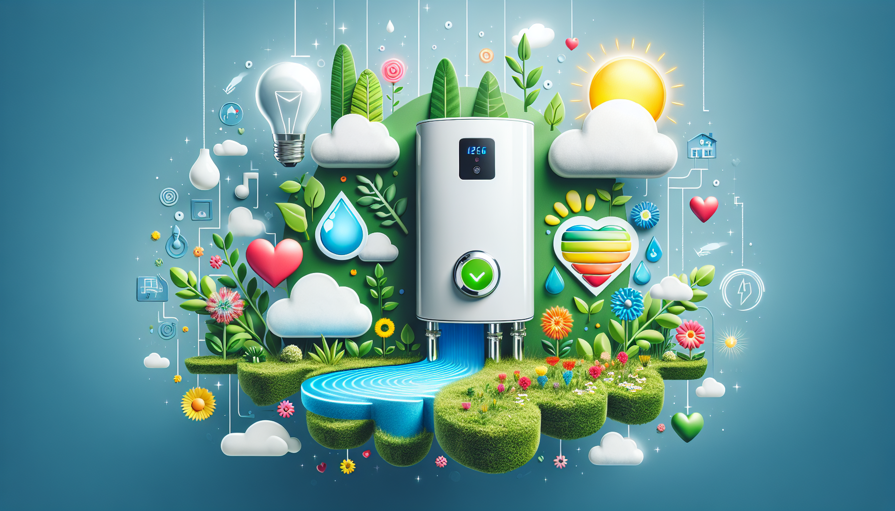 Illustration showing the environmental impact of on-demand water heaters, focusing on energy efficiency and reduced emissions.