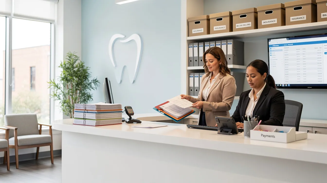 The image shows front desk staff in a dental office meticulously organizing payment records, highlighting the importance of accurate and timely payment in the dental billing process. This scene emphasizes the role of billing staff in managing patient data and ensuring proper coding for dental services provided.