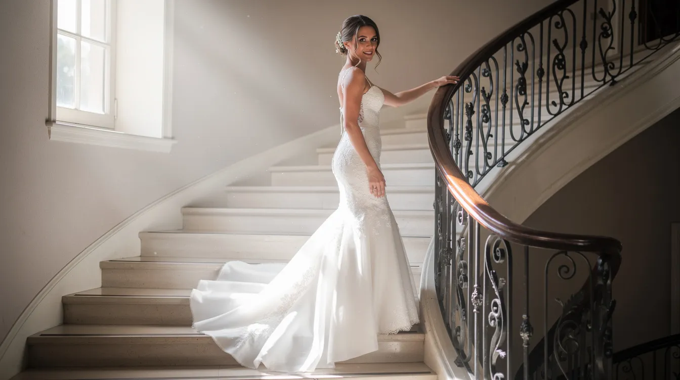 A bride elegantly poses on a staircase, showcasing her stunning fitted mermaid wedding gown that features intricate lace and a flattering silhouette. Soft natural light streams through a nearby window, enhancing the gown's timeless elegance and romantic finish, perfect for her big day.