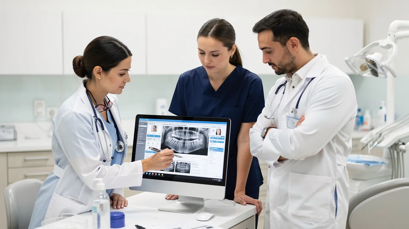 A dental office team is gathered around a computer, reviewing patient records to ensure accurate and timely payment for dental services. They are focused on the dental billing process, which includes verifying insurance coverage and preparing for claim submission to enhance patient satisfaction and financial health.