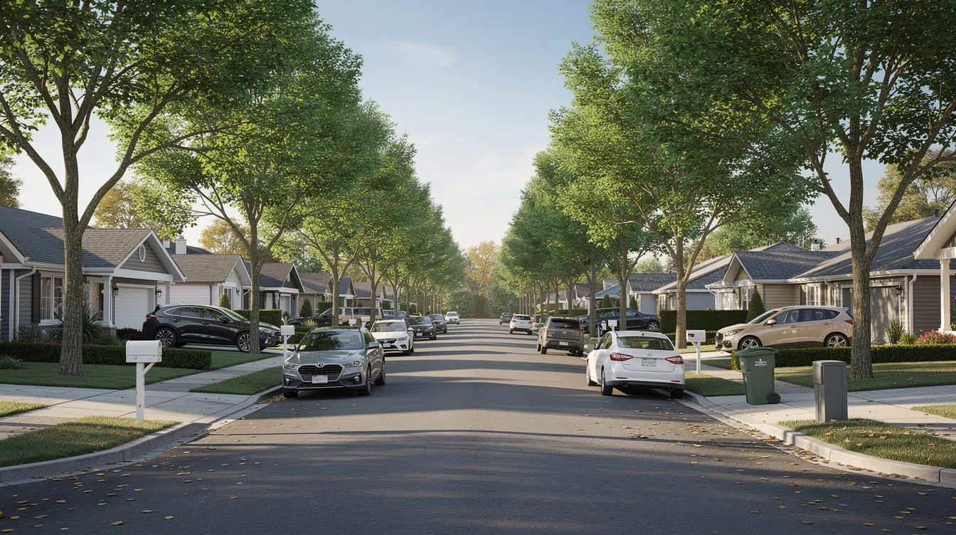 The image depicts a peaceful suburban residential street lined with tall trees and parked vehicles, creating a serene neighborhood atmosphere. This setting is typical of areas where auto transport companies might operate, providing reliable car shipping services to local residents in Cleveland, Ohio.