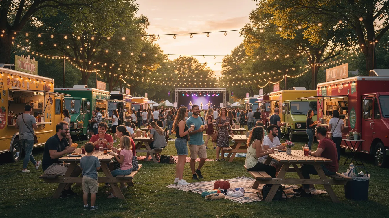 A lively outdoor festival in a park features people gathering under string lights, enjoying delicious food from various vendors, and soaking in the vibrant atmosphere. This great spot near Lady Bird Lake is perfect for music lovers and offers a fun way to bond with friends or plan a romantic date night while watching the sunset over Austin's skyline.