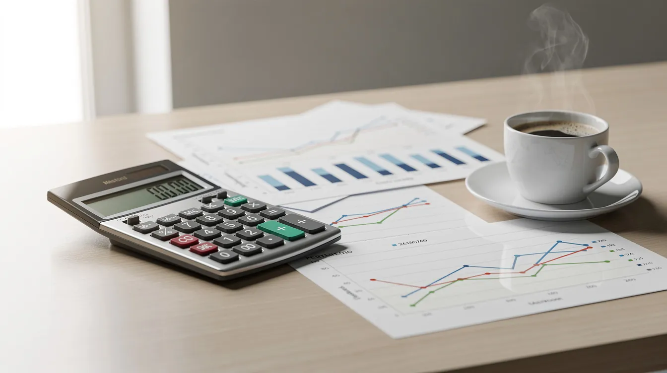 The image features a calculator resting beside financial charts, accompanied by a steaming cup of coffee on a tidy desk. This setup suggests a focus on financial planning and analysis, possibly related to low-interest loans or public servant financing options.