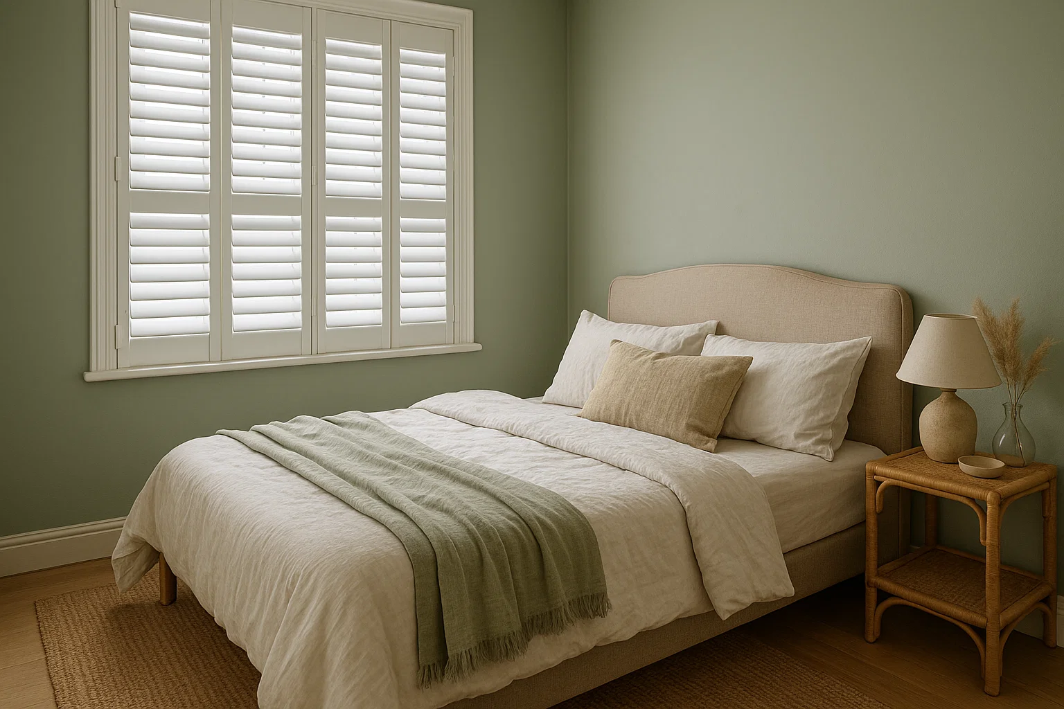 Earthy green walls with white plantation shutters in a UK bedroom