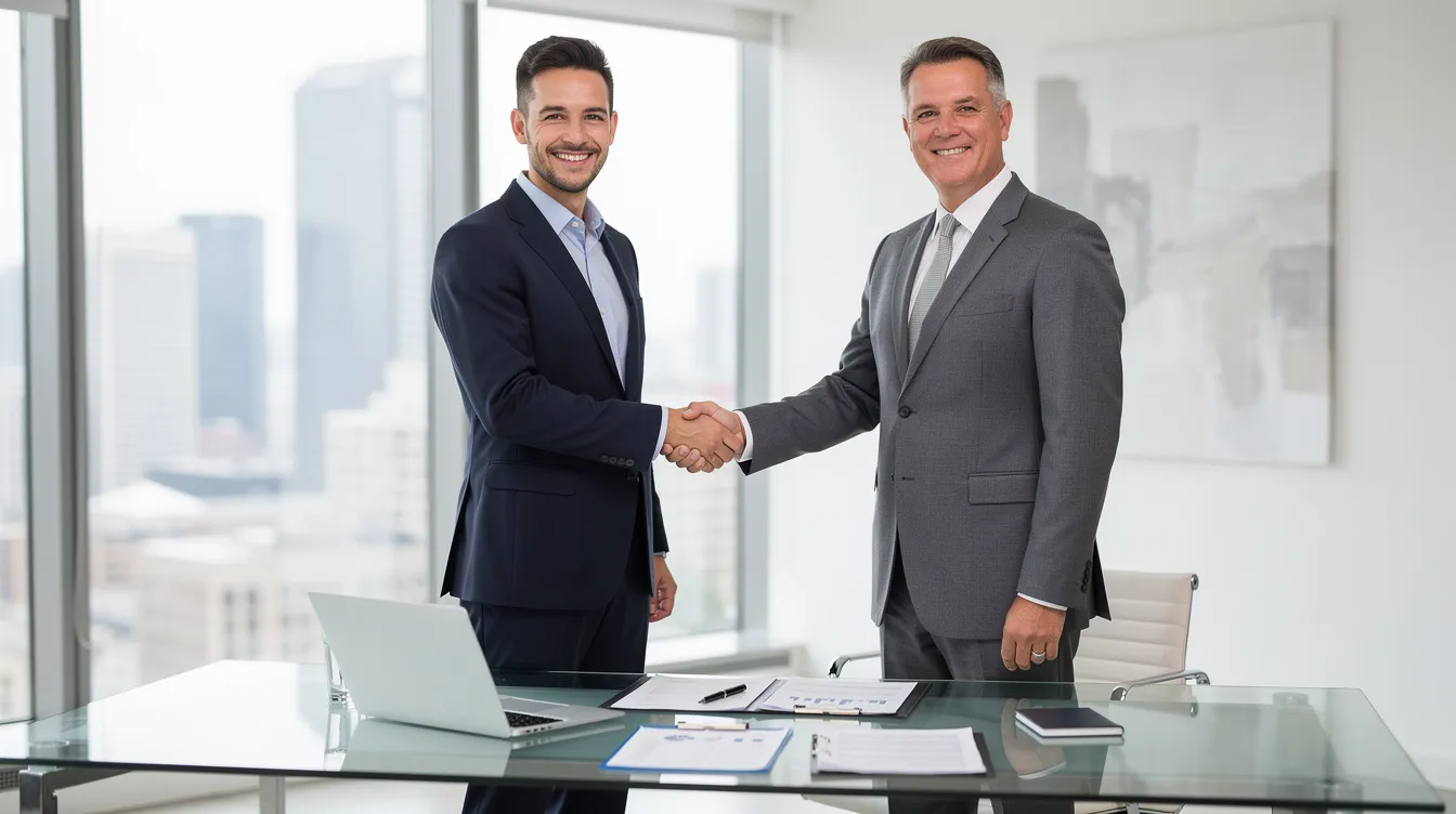 The image shows a professional advisor and a client shaking hands in a modern office setting, symbolizing a successful partnership in financial services. This interaction may relate to various financial solutions, such as 清 數 and private loans, reflecting a commitment to addressing the client's financial状况.