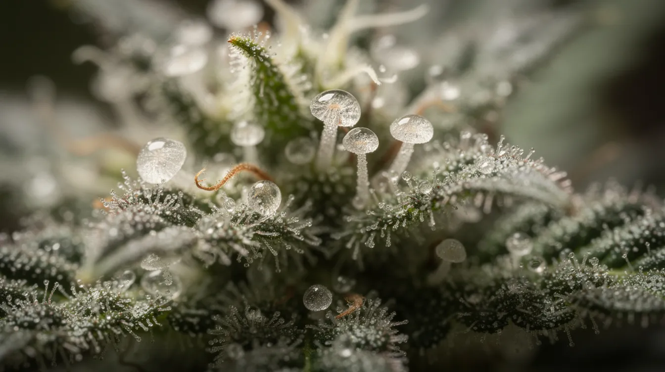 Die Nahaufnahme zeigt Cannabis-Trichome mit glitzernden Harzdrüsen, die die wichtigen cannabinoiden Verbindungen wie THC und THCV enthalten. Diese Trichome sind entscheidend für die Wirkung der Cannabispflanze und tragen zu den Eigenschaften und Vorteilen von THCV bei.