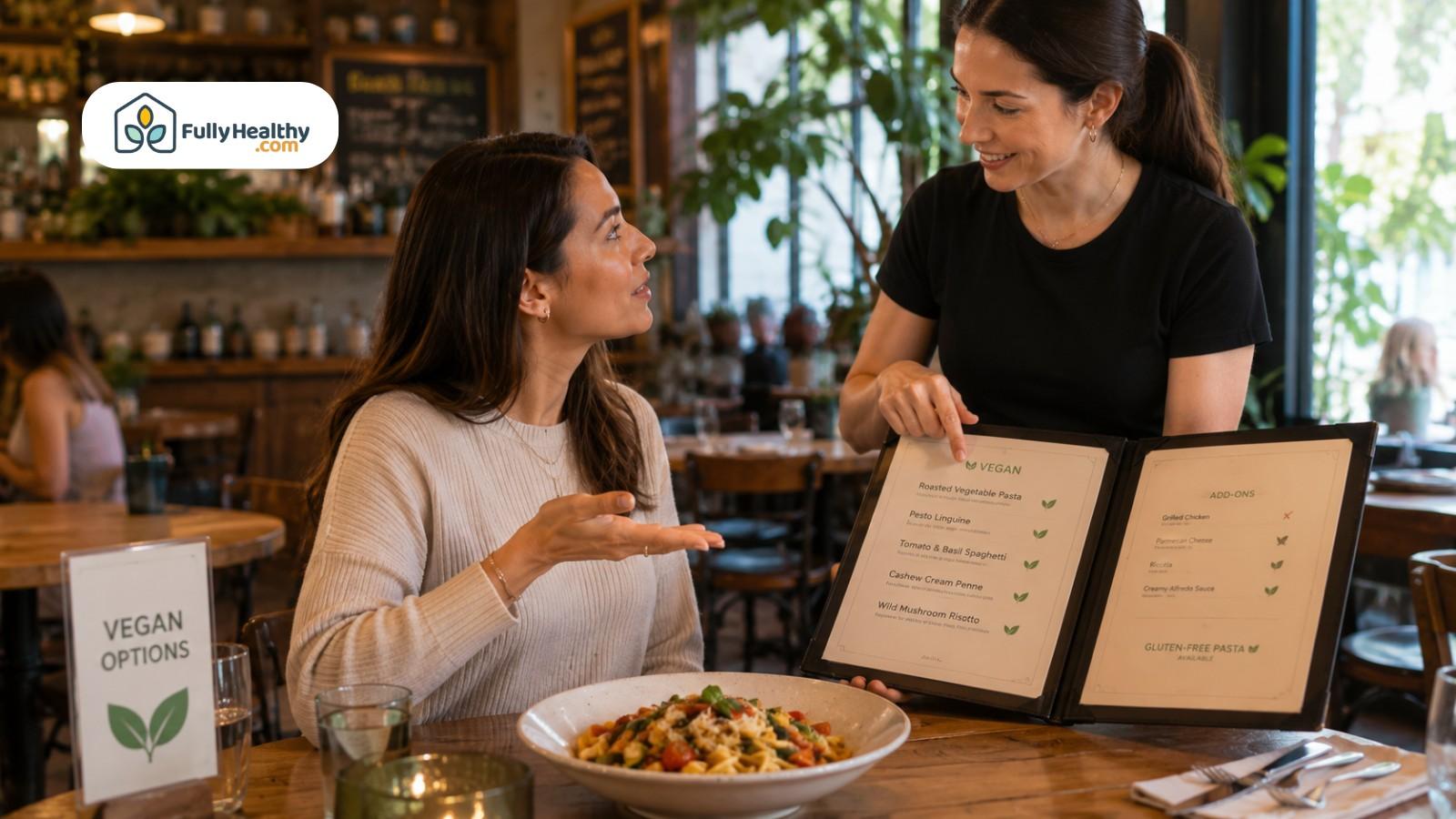 Server explaining vegan pasta menu options to diner in cozy restaurant