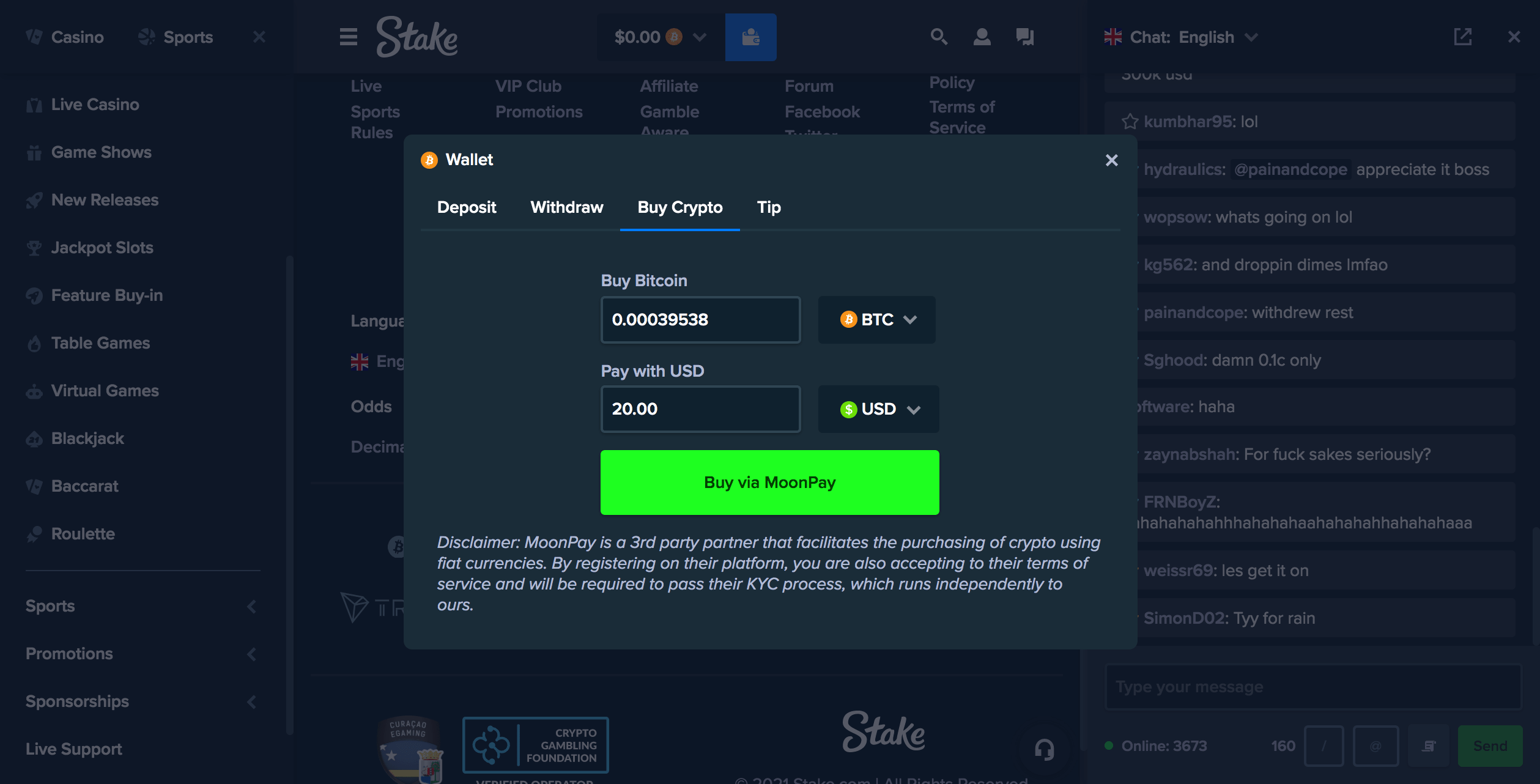 Stake.com wallet.