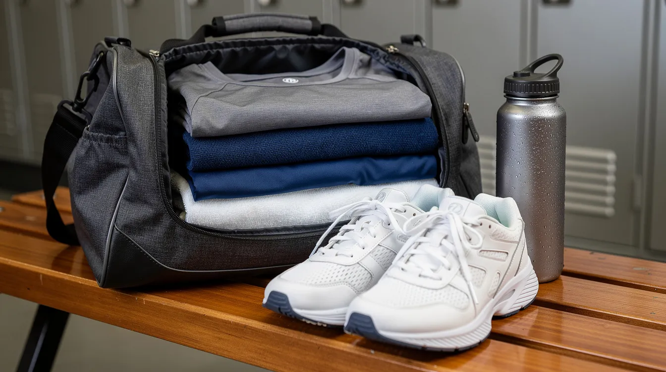 A gym bag is neatly packed on a locker room bench, containing folded workout clothes, including sweatshirts and hoodies, alongside a water bottle and a pair of sneakers. The scene conveys a sense of style and readiness for exercise.