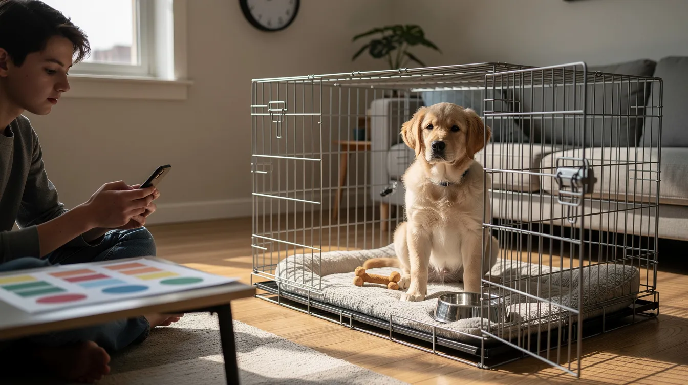 The image depicts a cozy and well-organized puppy crate set up in a room, featuring a soft blanket, a favorite toy, and a food dish nearby, illustrating a safe and comfortable space for crate training. The scene conveys the essentials of a crate training schedule, emphasizing the importance of creating a positive association for young puppies during their training process.